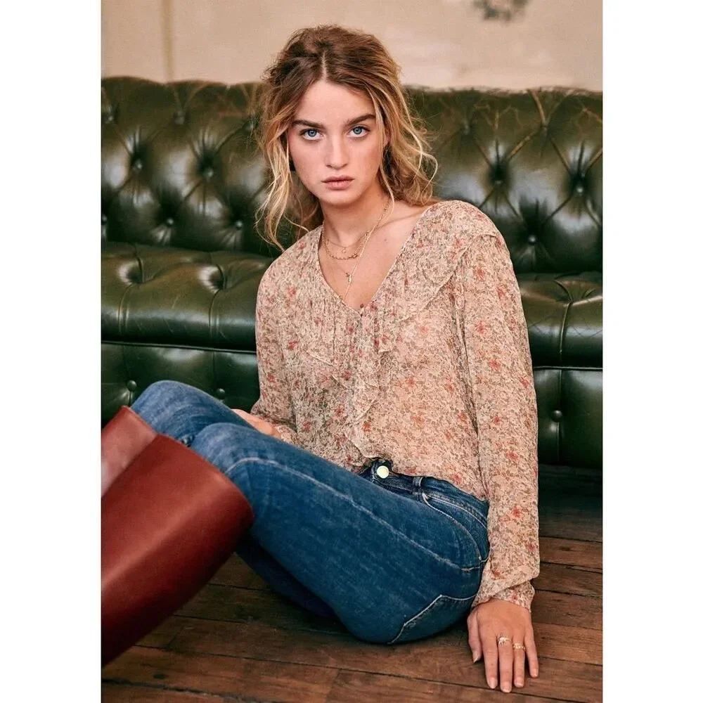 Sezane Floral Ruffle V-Neck Blouse in Beige with Pink Accents